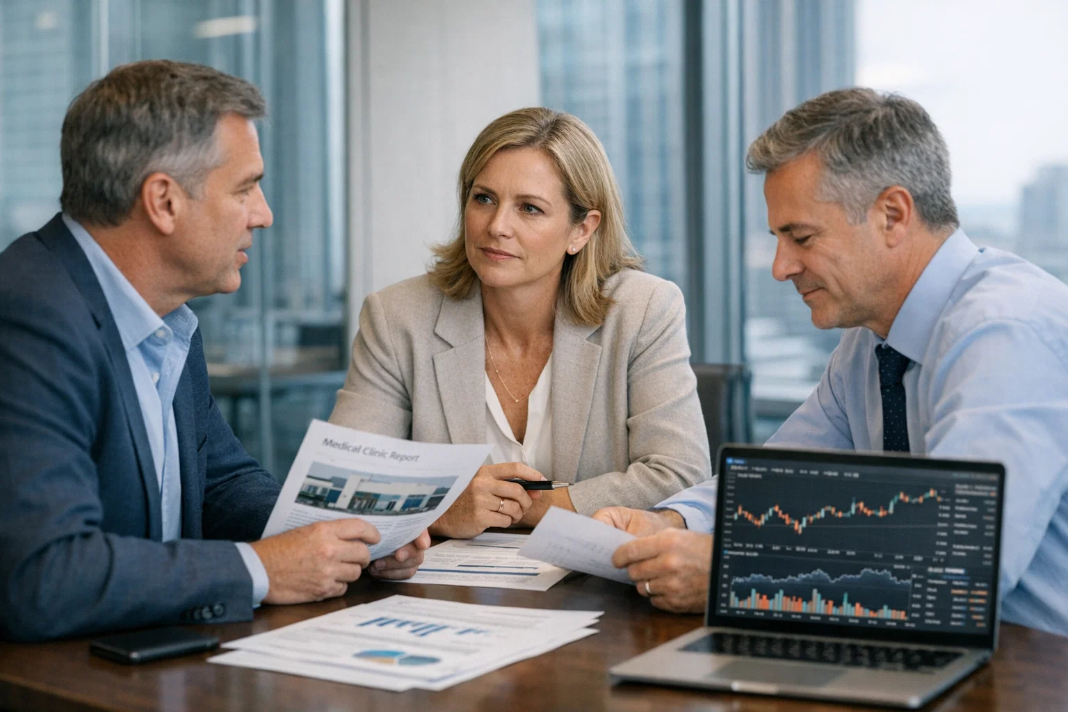 Investors planning a medical clinic portfolio allocation with printed reports and laptop data