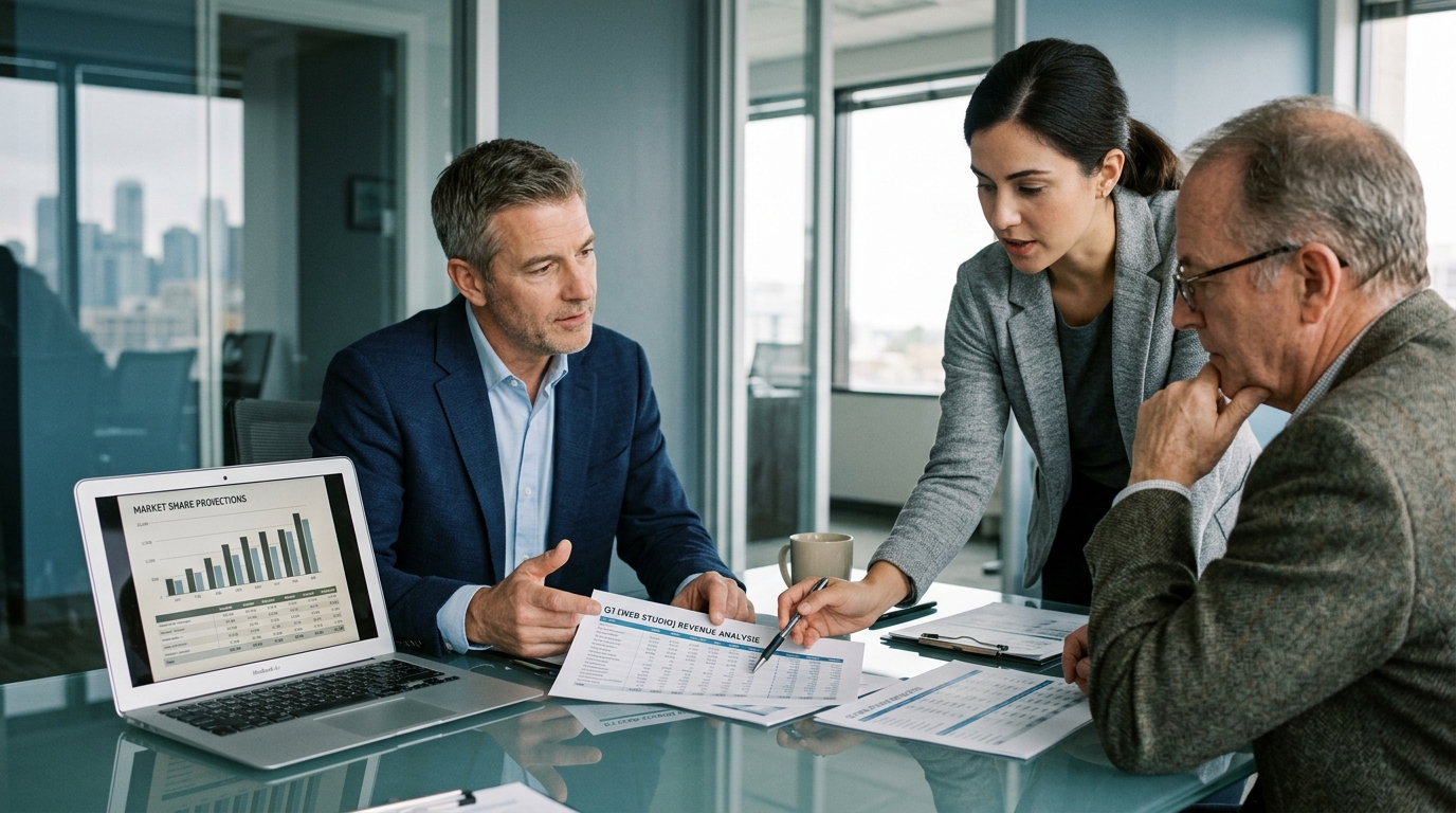 Digital services investment analysis with charts and financial documents.